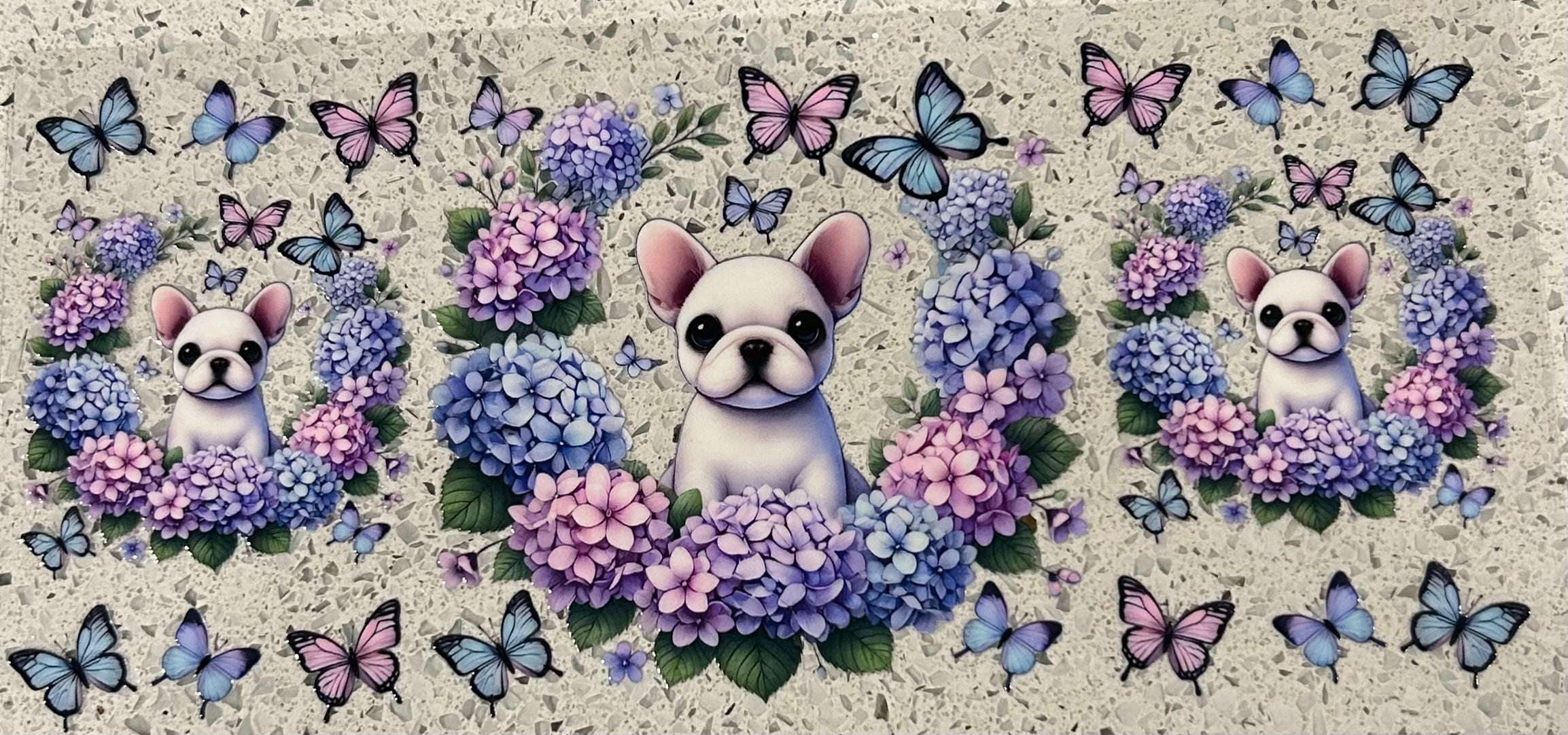 French bulldog with butterflies and flowers