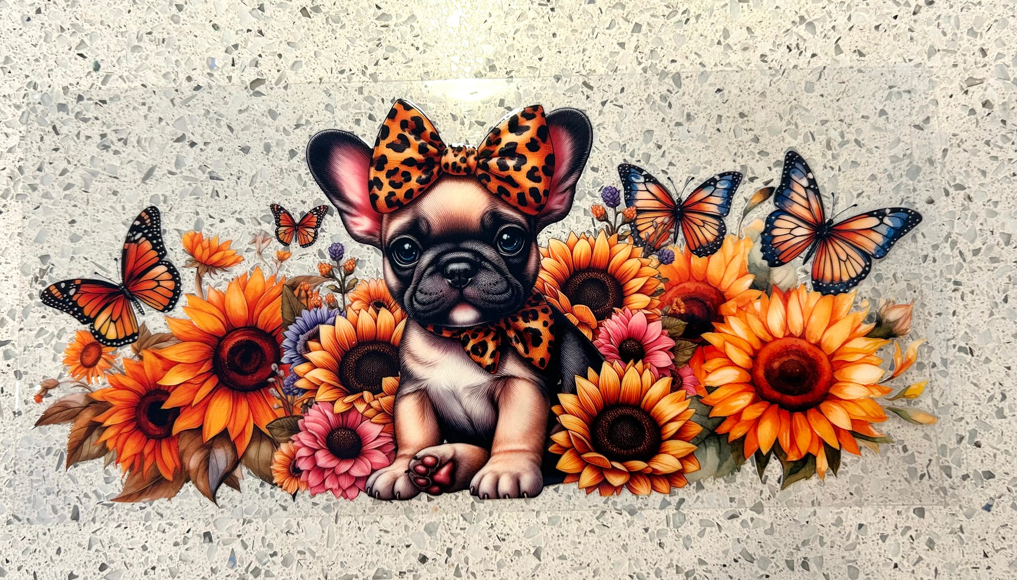 French bulldog and sunflowers